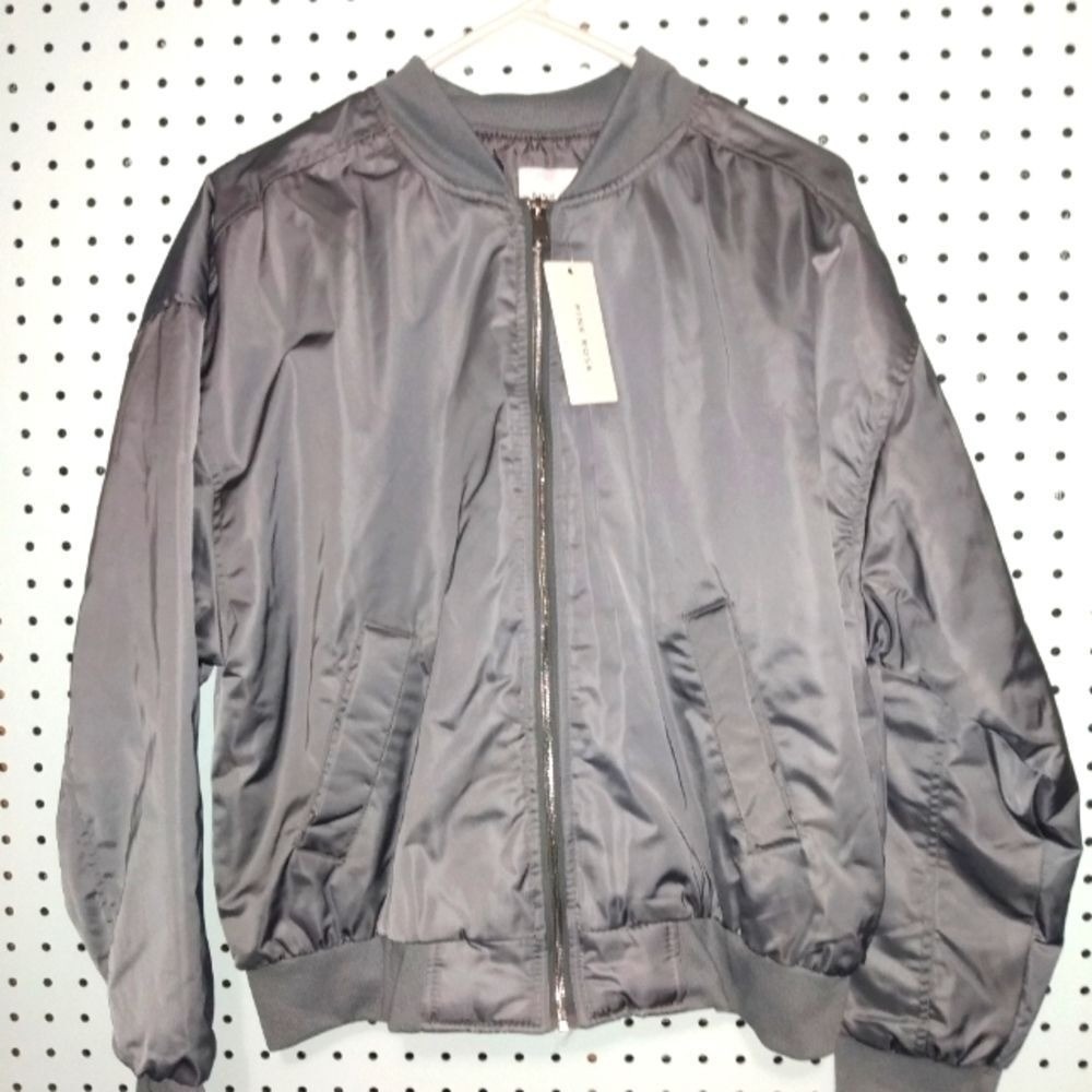 Pink Rose Women's M Gray Satin Bomber Jacket Full Zip Utility Flight Coat NWT